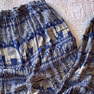 Boho Elephant Print Wide Leg Pants - Navy & Cream